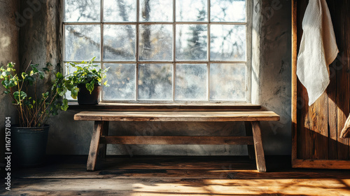 A rustic wooden bench in a natural indoor setting, moss green and earthy tones, soft indirect sunlight through frosted windows photo