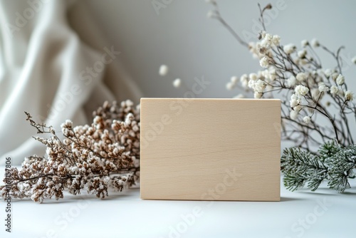 Simple wooden block surrounded by dried flowers and greenery on a soft backgr...