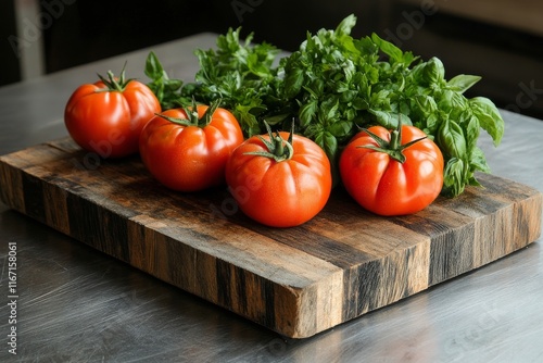 Fresh tomatoes and basil arranged on a wooden cutting board in a kitchen setting