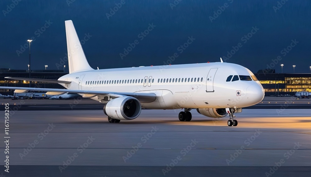 A white airplane parked on the runway at night A white airplane parked on the runway at night