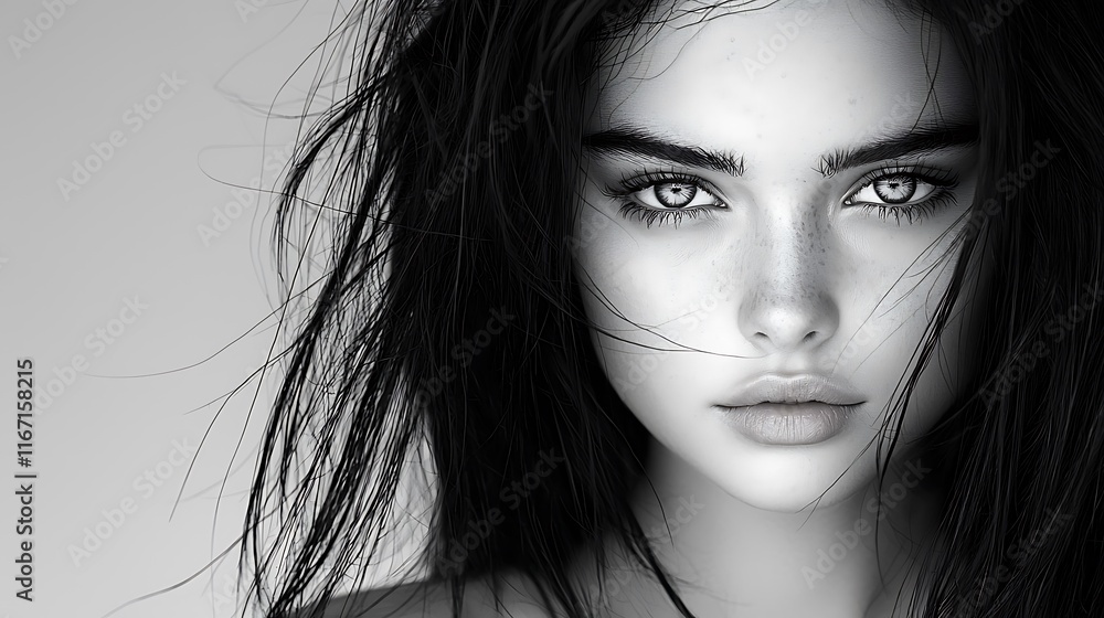 Fototapeta premium Artistic close-up of a serene young woman, her soft features framed by disheveled black hair. Expressive eyes and monochromatic tones add emotion, with intricate details enhancing the timeless 