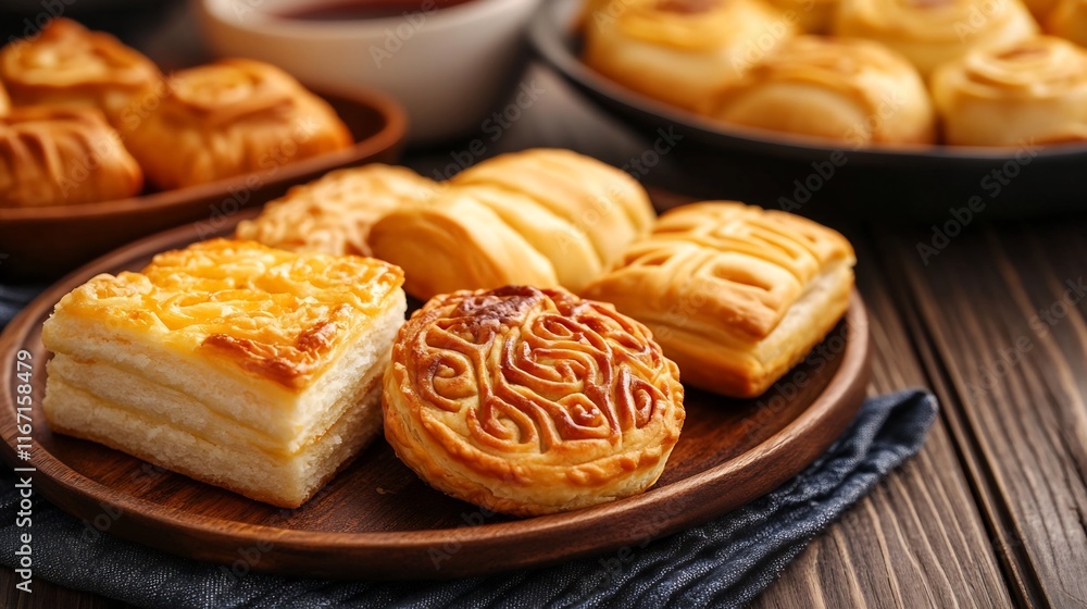 Close-up of Handcrafted Chinese New Year Pastries on Rustic Wooden Table