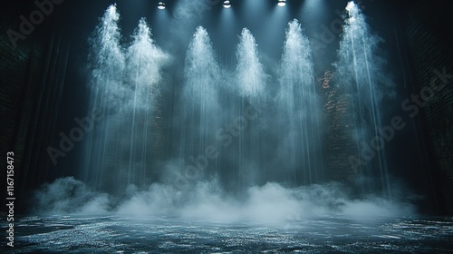 Dramatic Stage with Ethereal Fog and Blue Lights in Dark Atmosphere