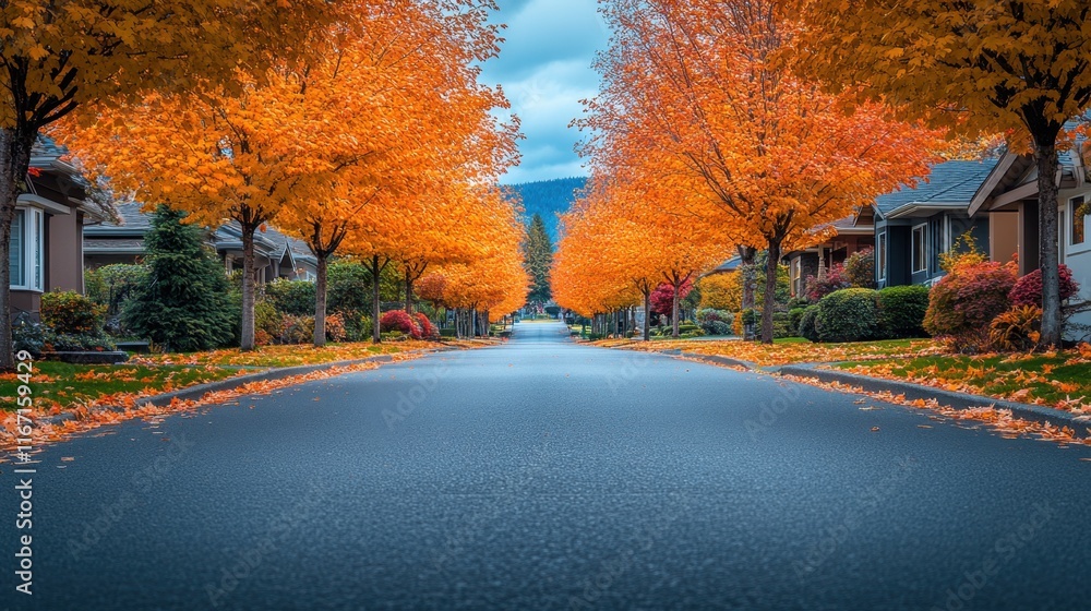 Naklejka premium Vibrant autumn leaves line a peaceful street adorned with golden hues and tranquil charm