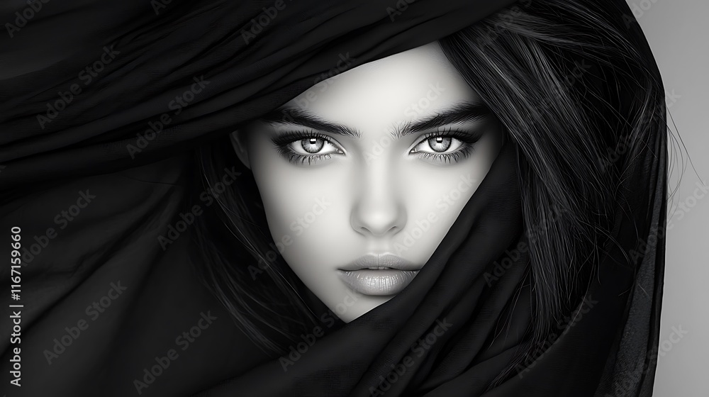 Elegant artistic portrait of a young woman in monochrome, her delicate face framed by tousled black hair. Expressive eyes and soft shadows create a refined and serene atmosphere Ultra-Realistic Elegant artistic portrait of a young woman in monochrome, her delicate face framed by tousled black hair. Expressive eyes and soft shadows create a refined and serene atmosphere Ultra-Realistic