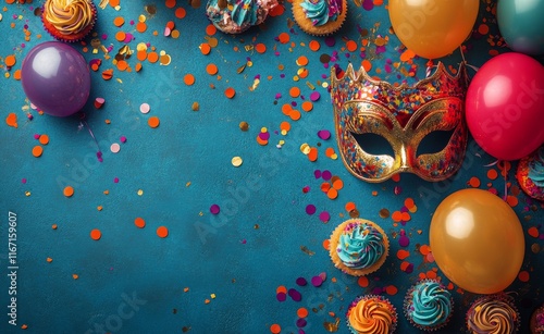 Colorful party decorations featuring a mask, cupcakes, and balloons on a blue...