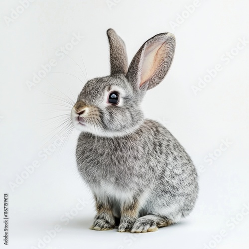 Cute gray rabbit sitting quietly on a white background with attentive express...
