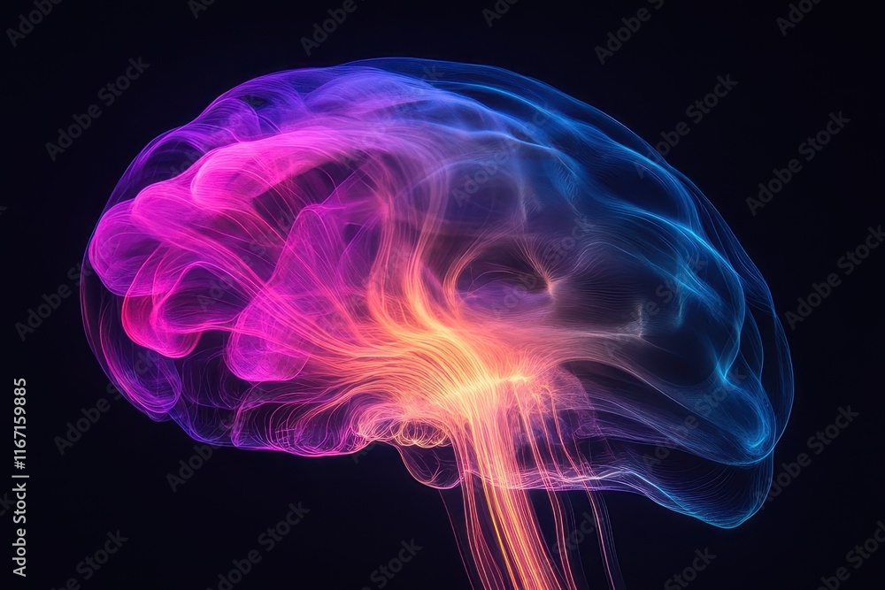 Colorful brain illustration showcasing complex neural activity and vibrant connections in a dark background. Generative AI Colorful brain illustration showcasing complex neural activity and vibrant connections in a dark background. Generative AI