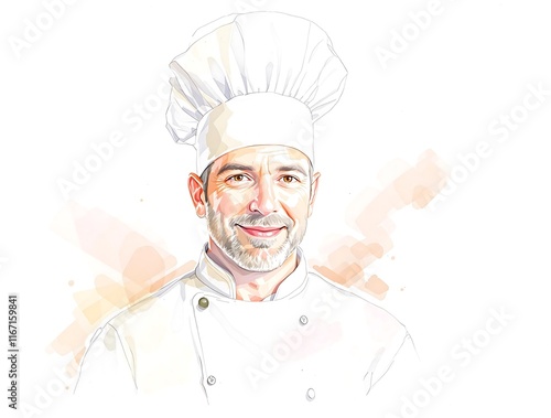 Watercolor Painting of a Chef in White Hat on White Background photo