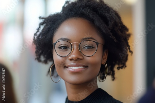 Young woman with curly hair and glasses smiling indoors in a modern environment