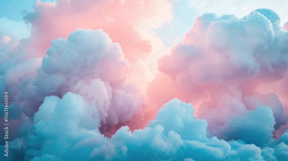 Fototapeta premium Background of fluffy baby pink and blue pastel cotton candy clouds in the sky.