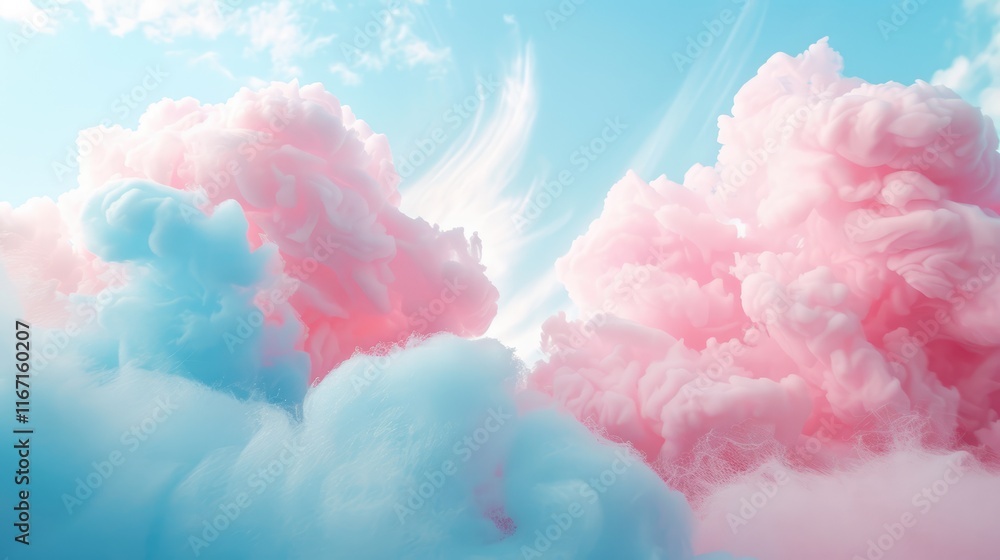 Fototapeta premium Background of fluffy baby pink and blue pastel cotton candy clouds in the sky.