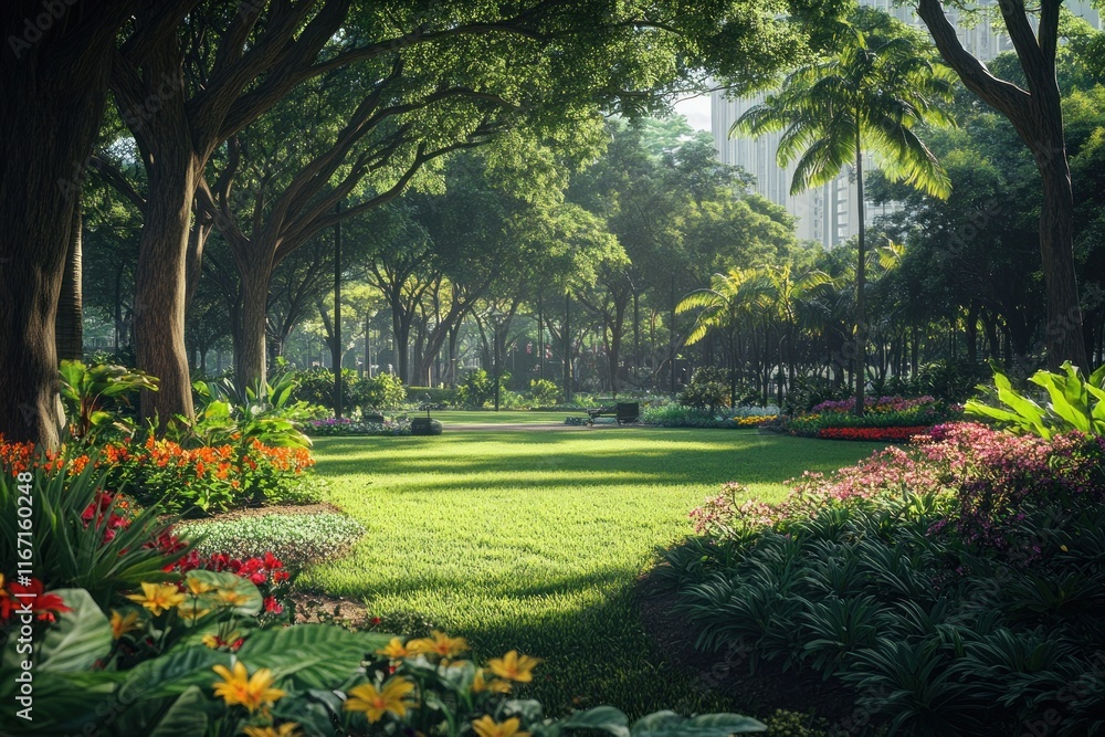 Obraz premium Lush greenery surrounds colorful flowers in a serene city park, inviting visitors to unwind amidst urban tranquility