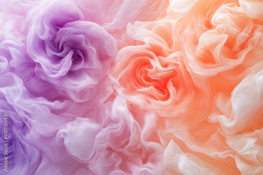 Fototapeta premium Colorful abstract roses in soft shades of purple and orange swirling together in a delicate pattern during daylight. Generative AI