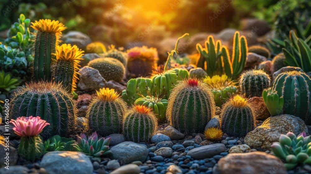 Colorful cactus garden glowing in the warm light of sunset, showcasing nature's beauty and diversity in a tranquil setting Colorful cactus garden glowing in the warm light of sunset, showcasing nature's beauty and diversity in a tranquil setting