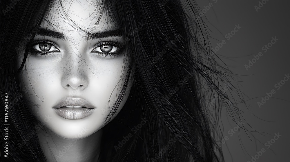 Monochromatic close-up of a young woman with a serene expression, featuring expressive eyes and soft lips. Disheveled black hair adds natural texture, while smooth shadows and intricate details Monochromatic close-up of a young woman with a serene expression, featuring expressive eyes and soft lips. Disheveled black hair adds natural texture, while smooth shadows and intricate details