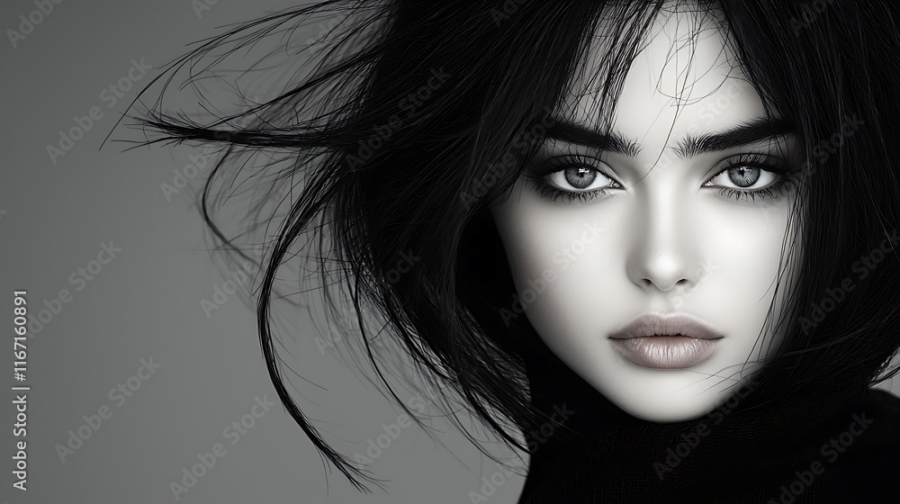 Fototapeta premium Monochromatic close-up of a young woman with a serene expression, featuring expressive eyes and soft lips. Disheveled black hair adds natural texture, while smooth shadows and intricate details 