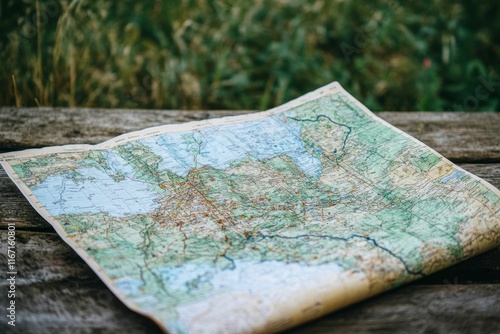 Wallpaper Mural Folded paper map rests on weathered wood. Torontodigital.ca