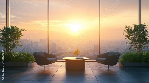 Modern Office Interior with Sunset View Over City Skyline