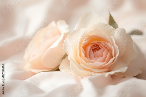 Blooming soft pink roses resting on a gentle white fabric background in a serene indoor setting. Generative AI