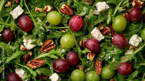 Colorful mixed salad with grapes, goat cheese, and nuts on a green arugula base
