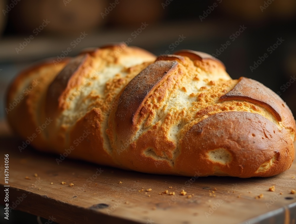 Freshly baked bread resting on a wooden board in a cozy kitchen setting Freshly baked bread resting on a wooden board in a cozy kitchen setting