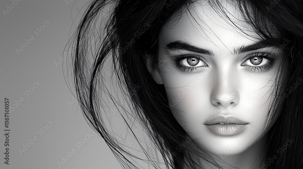 Monochromatic close-up of a young woman with a serene expression, featuring expressive eyes and soft lips. Disheveled black hair adds natural texture, while smooth shadows and intricate details Monochromatic close-up of a young woman with a serene expression, featuring expressive eyes and soft lips. Disheveled black hair adds natural texture, while smooth shadows and intricate details