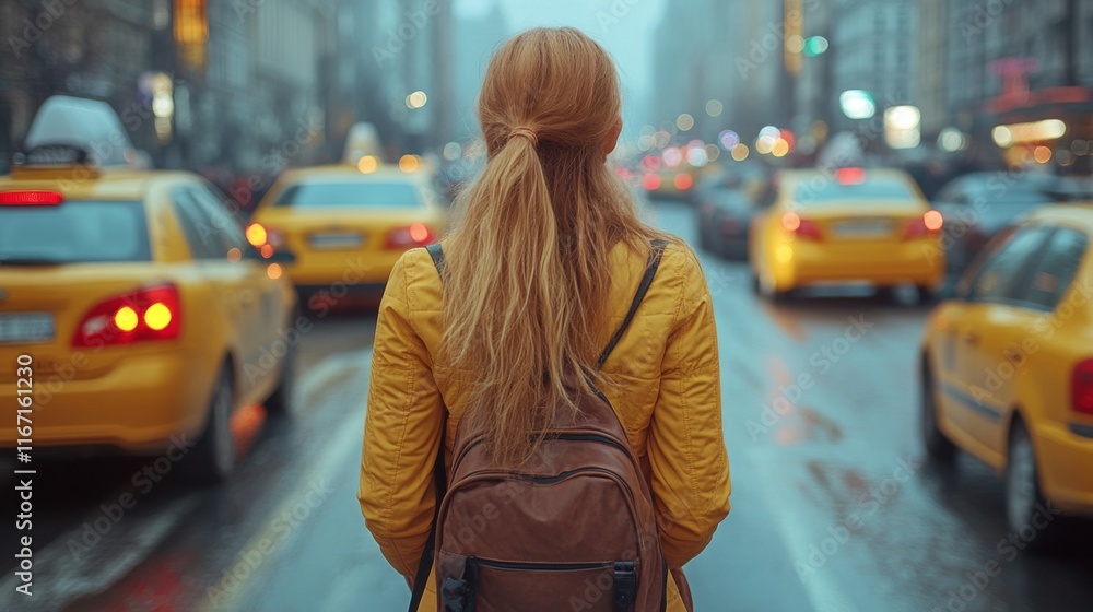 Woman in Yellow Jacket Waiting for Taxi in a Rainy City Woman in Yellow Jacket Waiting for Taxi in a Rainy City