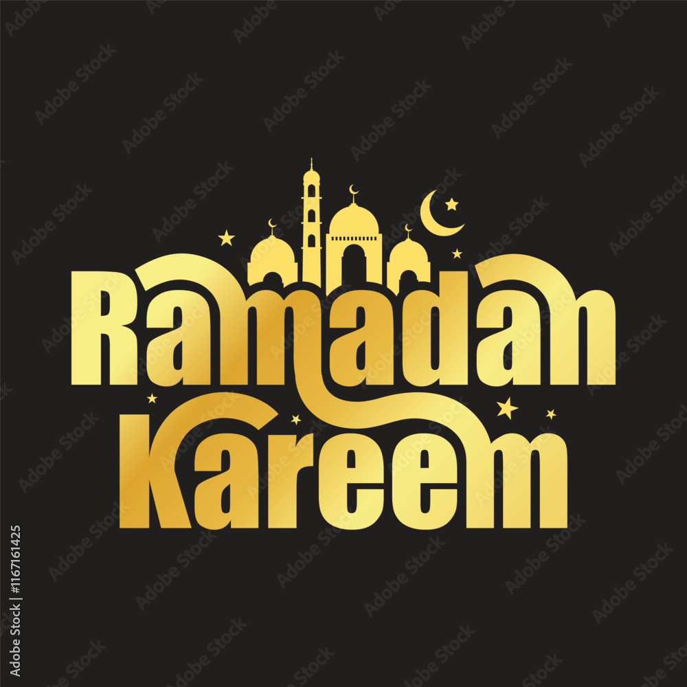 Obraz premium Ramadan Kareem gold luxury typography greeting card with mosque, stars and moon vector illustration. Muslim religious holy month celebration poster, banner, template design. Ramadan logo, calligraphy.