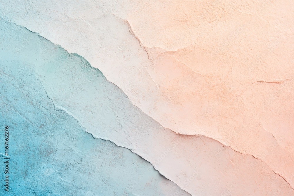 Obraz premium Textured wall with a gradient of blue and peach colors highlighting uneven surfaces. Generative AI