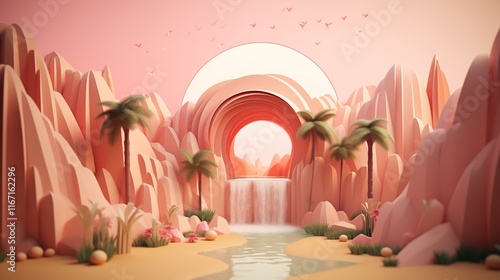 Paper cut desert landscape with cacti and sand dunes, empty space on the left, hard light, light yellow background,Generative ai illustration