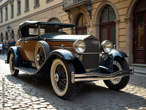 Classic convertible parked on a cobblestone street in a historic downtown area during the day photo