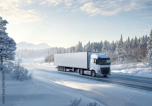 White truck with cargo trailer driving on a snowy road in winter, with a snow-covered landscape and forest background