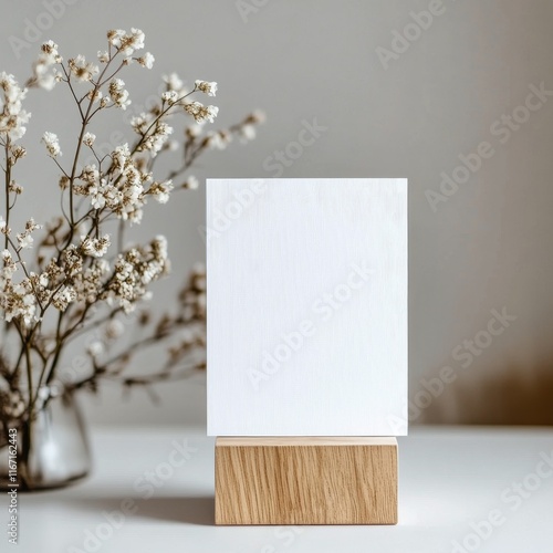 Minimalist decor with dried flowers in a wooden vase and blank card on a soft...