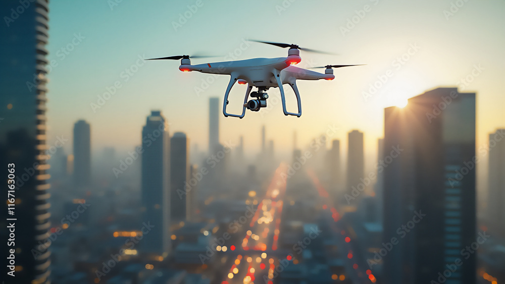 Eine Drohne mit roten Lichtern fliegt in der Abenddämmerung hoch am Himmel über eine belebte gerade Straße und die Hochhäuser der Großstadt, Verkehrsüberwachung Eine Drohne mit roten Lichtern fliegt in der Abenddämmerung hoch am Himmel über eine belebte gerade Straße und die Hochhäuser der Großstadt, Verkehrsüberwachung