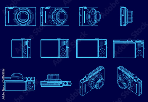 Series of blue drawings of cameras, each with a different view of the camera. The mood of the images is somewhat abstract and artistic, with the focus on the shapes