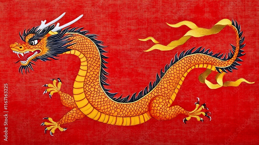 Fototapeta premium Vibrant Chinese Dragon on Festive Red Scroll Painting