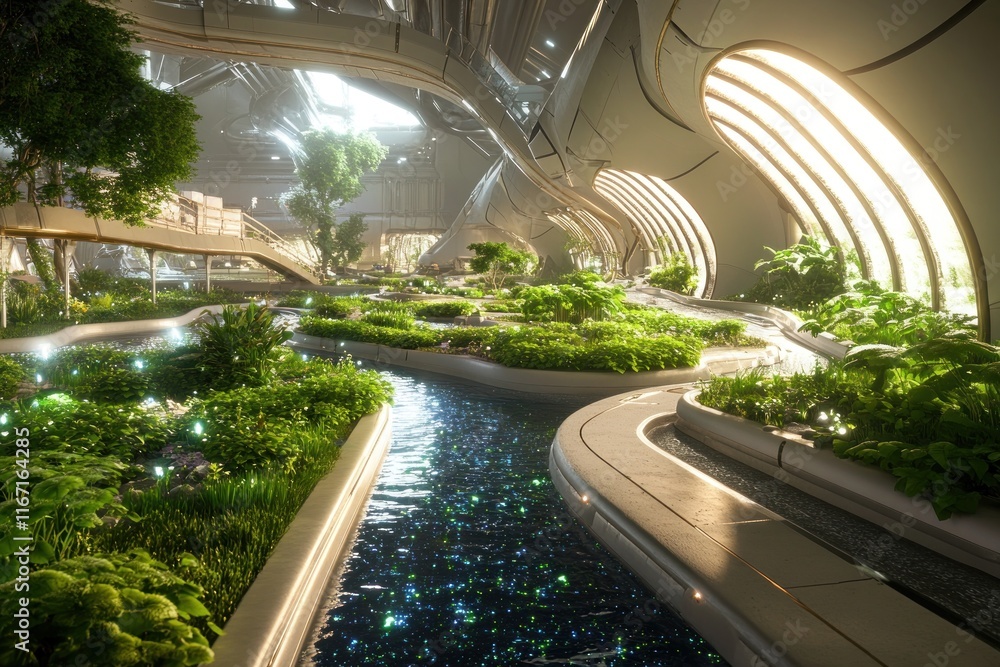 Lush green gardens and sparkling water features illuminate a vibrant space colony designed for human habitation Lush green gardens and sparkling water features illuminate a vibrant space colony designed for human habitation