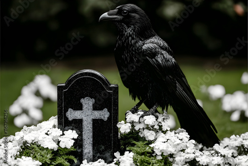 A Raven Perched on a Grave, Realistic Photo of a Black Bird and Cross Headstone photo