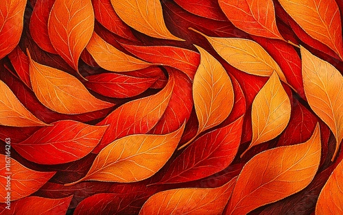 Autumn leaves swirl pattern, red orange tones. photo