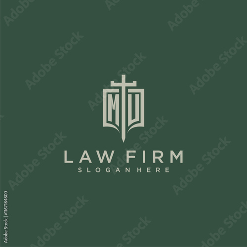 MU initial monogram for law firm with sword and shield logo image