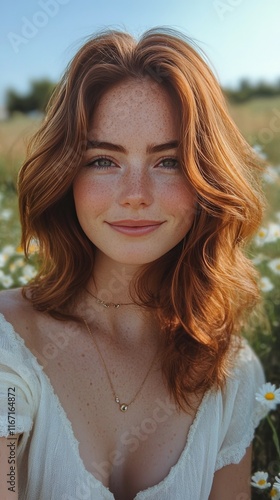 Young woman with freckled face smiling in a flower field during golden hour