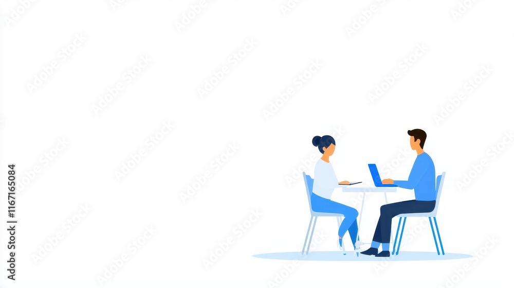A digital illustration of two people engaged in a discussion at a table, each using a laptop in a bright, minimalistic setting. A digital illustration of two people engaged in a discussion at a table, each using a laptop in a bright, minimalistic setting.
