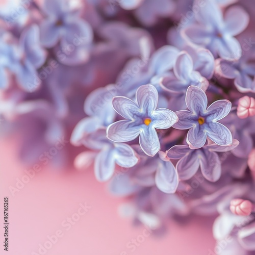 Beautiful lilac flowers arranged on a soft pink background for a creative flo...