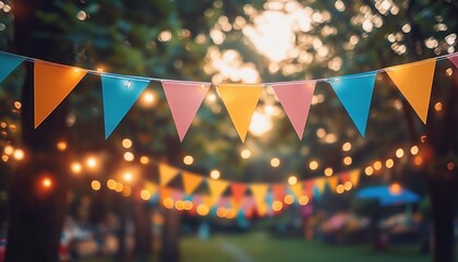 vibrant outdoor party scene colorful triangular bunting lights dreamy atmosphere celebration decoration