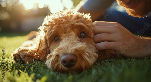 Loving connection between a person and a dog in a sunlit garden during golden...