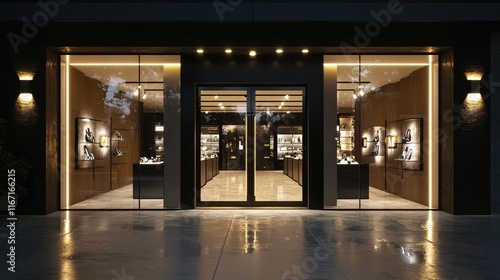 Elegant Jewelry Storefront at Night with Glowing Display Windows