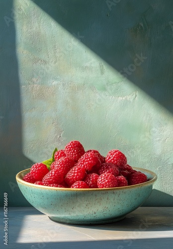 Fresh raspberries in a decorative bowl with floral design on a rustic background