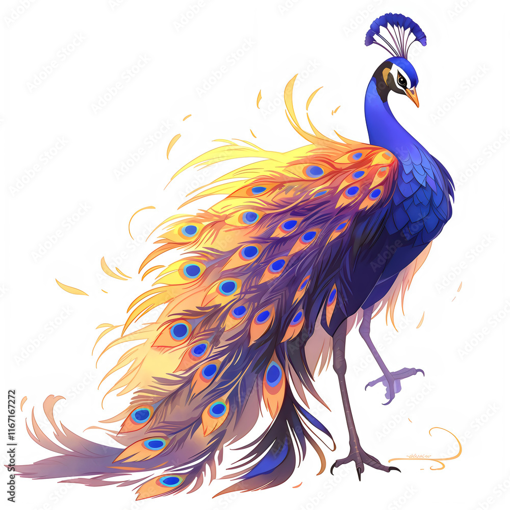 Fototapeta premium a Beautiful blue peacock with colorful feathers side view, digital clipart, vibrant texture, cartoon clipart illustration on plain white background