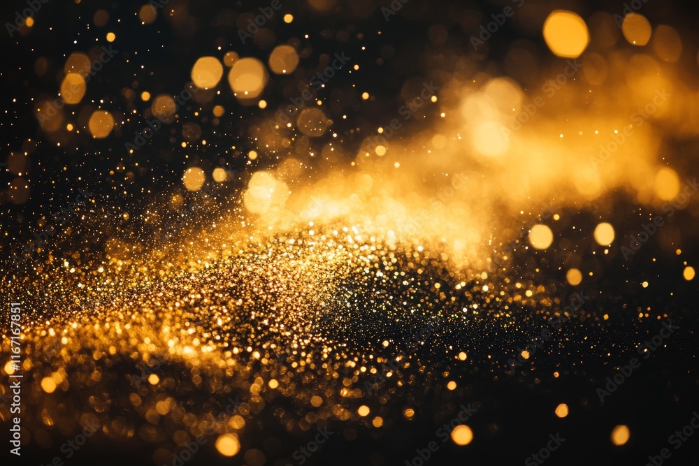 Obraz premium Golden shimmering circle of glittering particles on black background, copy space, Generative AI